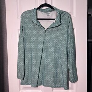 Kona Sol Geo Print Quarter Zip Pullover Top Blouse Teal Womens Size L